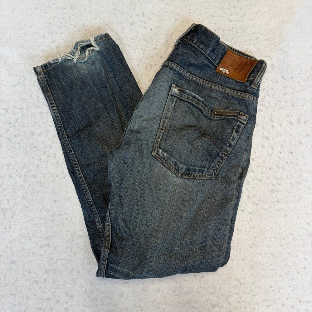 Armani Exchange Jeans Mens 32 Blue Distressed Frayed Hem Straight Leg